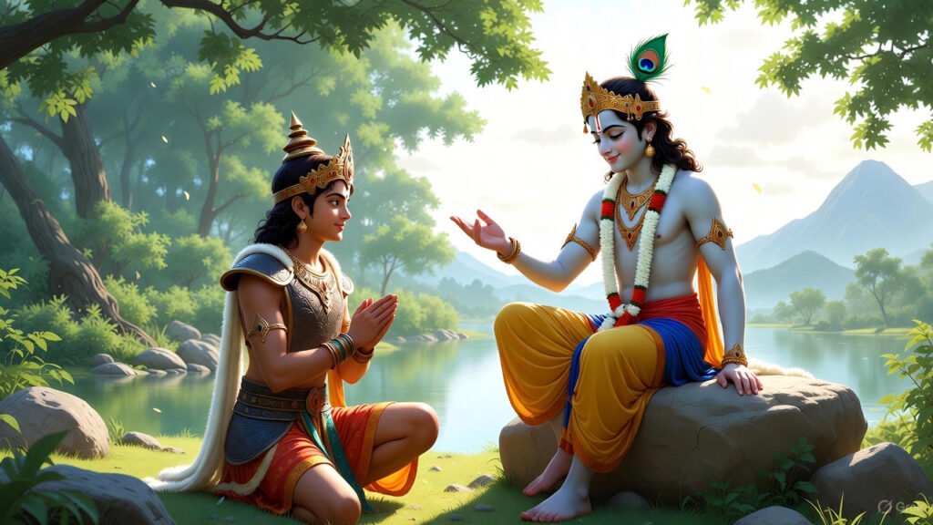 भगवान श्रीकृष्ण अर्जुन को भगवद्गीता का दिव्य ज्ञान देते हुए