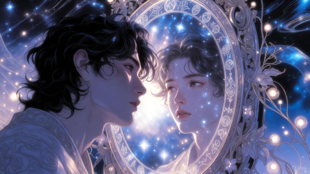 मन की खोज व्यक्ति आईने में अपनी आध्यात्मिक छवि देखते हुए