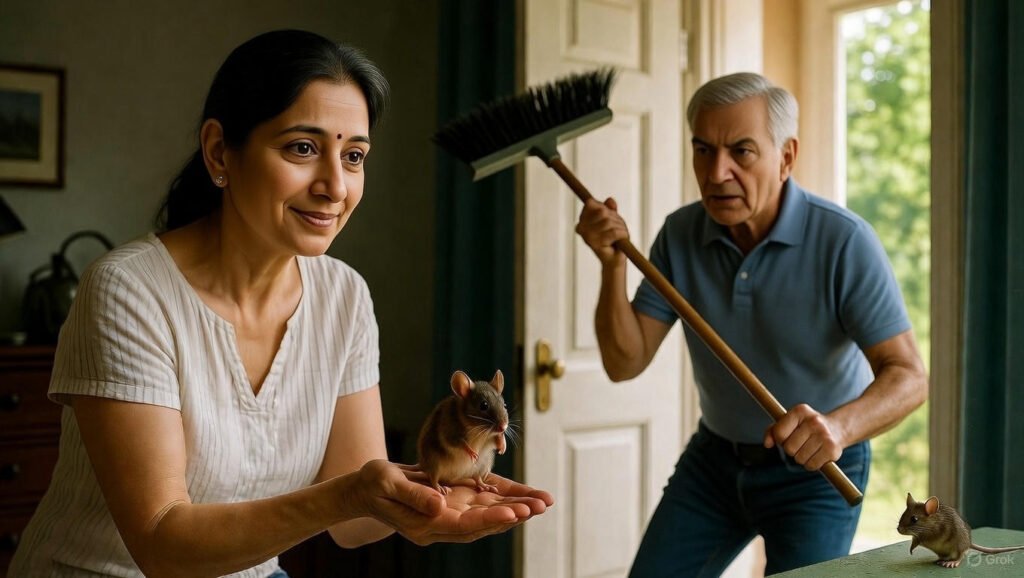 दयालु महिला चूहे को प्यार से बाहर ले जाती हुई, पति झाड़ू पकड़े हुए – करुणा और चेतना का प्रतीक